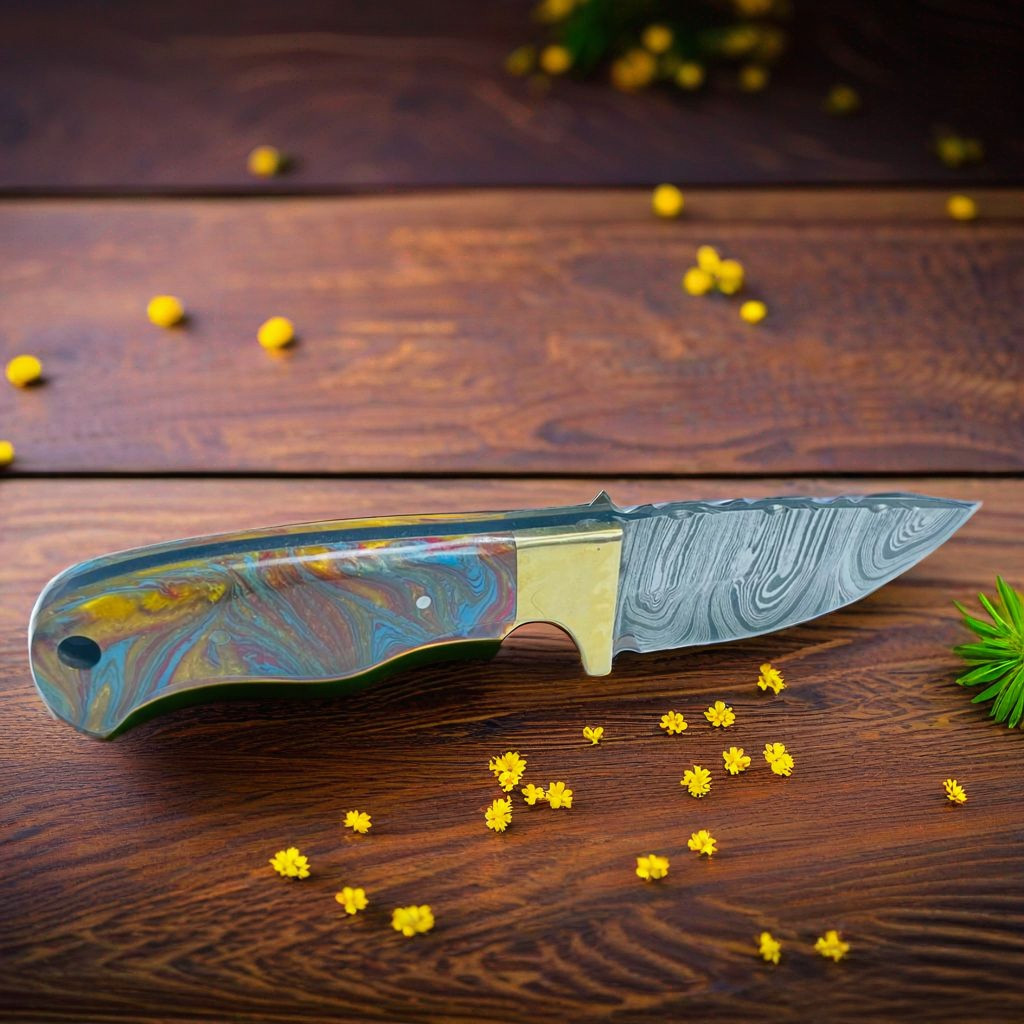 Handcrafted Damascus Steel Knife with Multi-Color Resin Handle and Brass Guard