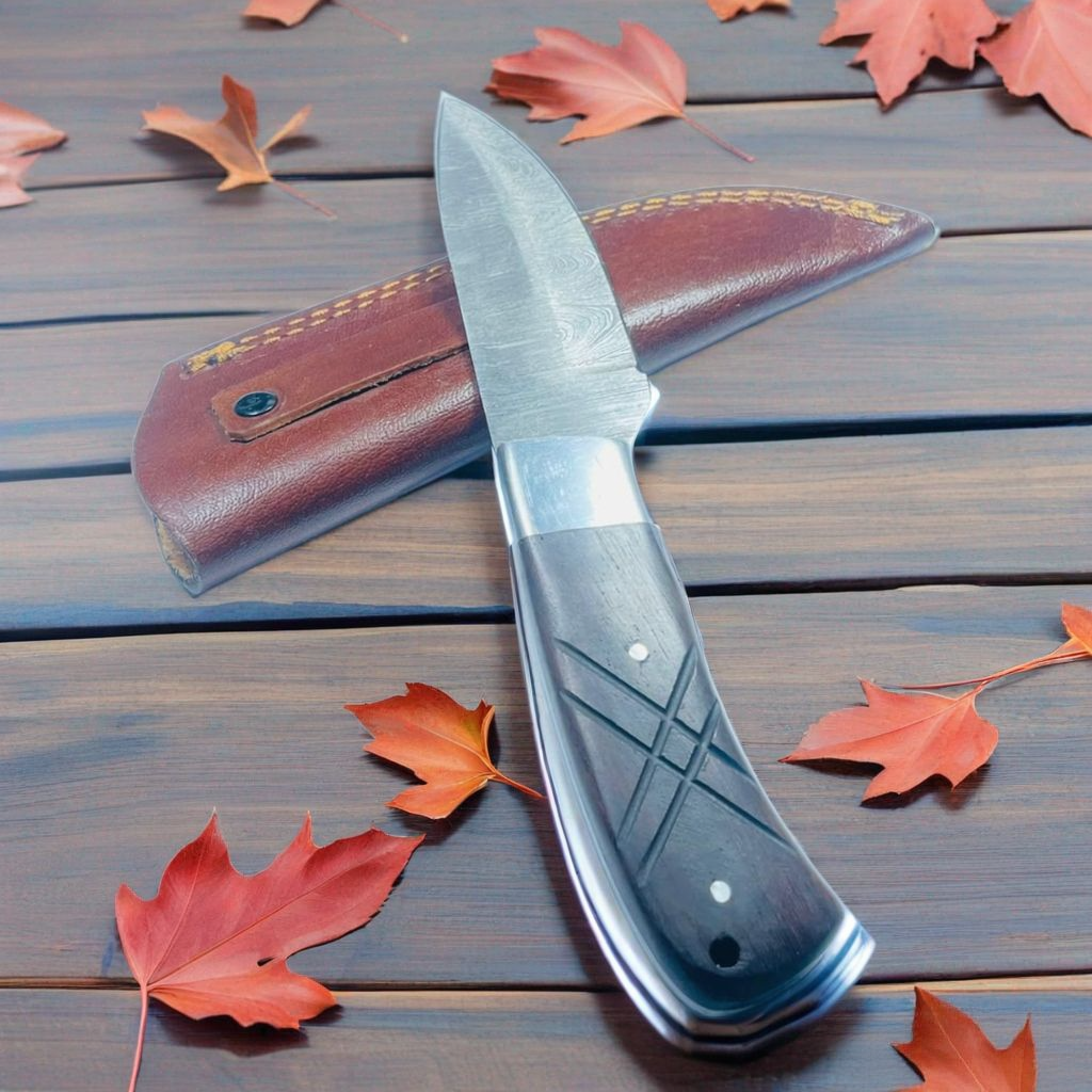 Handcrafted Damascus Steel Knife with Black Wood Handle and Leather Sheath