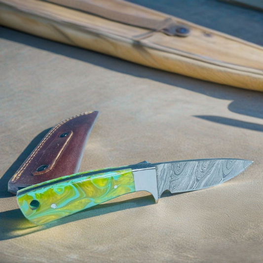 Luminous Swirl Damascus Steel Knife with Enchanting Yellow-Green Resin Handle