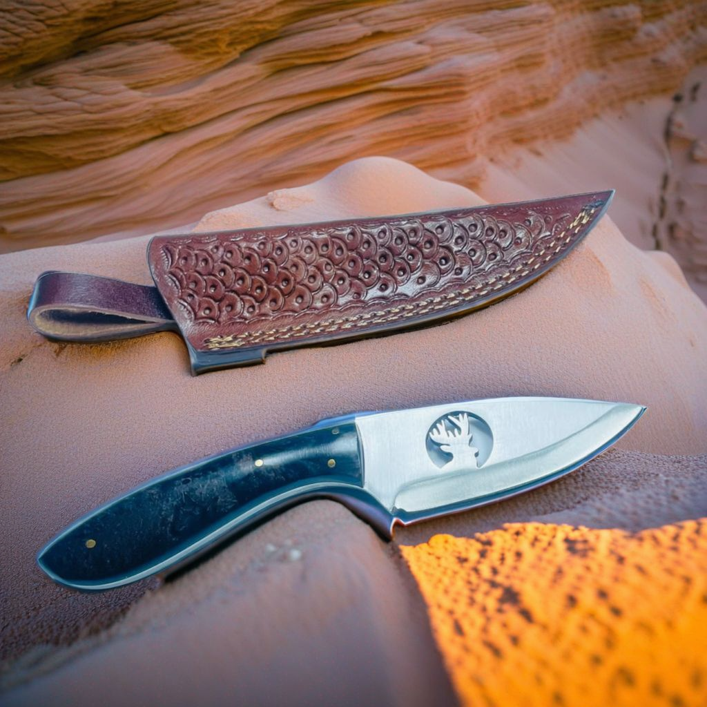 Stag's Crest: Custom Handcrafted Skinning Knife with Ebony Handle & Embossed Leather Sheath