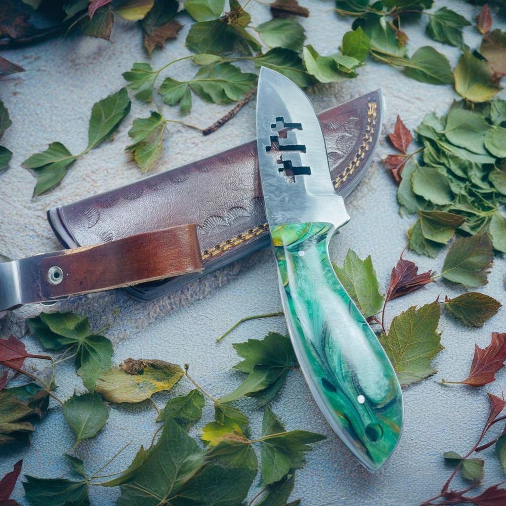 Emerald Veil: Custom Resin Handle Knife with Unique Cut-Out Blade