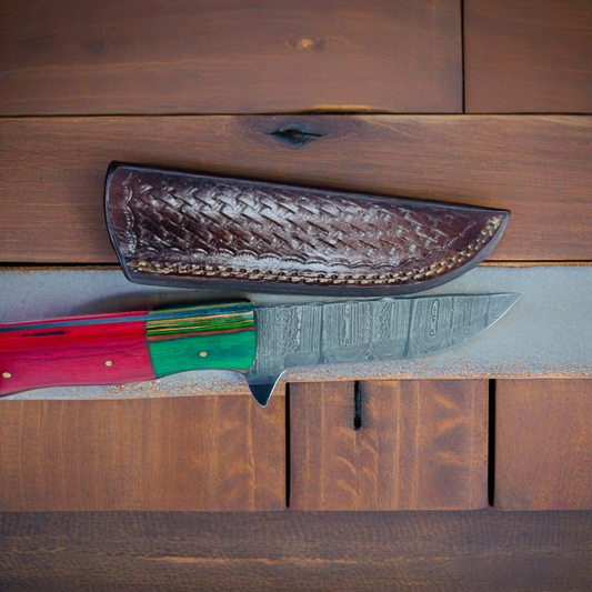 Crimson Grove: Damascus Hunting Knife with Dual-Tone Wood Handle