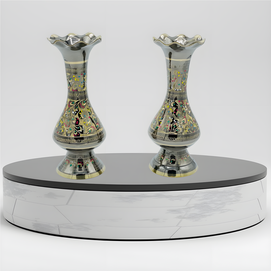 Pair of Colorful Brass Vases - 7 Inch
